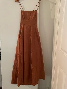 XS OPT: Linen Blend Halter Sun Midi Dress High Waist Flowing Coral/Rust NWT!